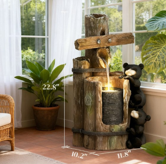 3-Tier Resin Bears on Log Outdoor Waterfall Fountain,Water Fountain with LED Lights, Pump