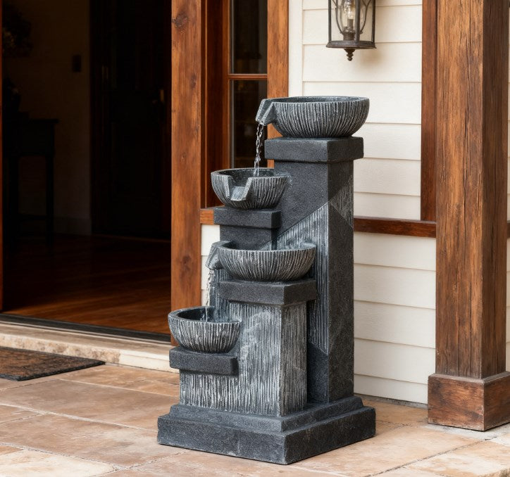 4-Tier Resin Cascading Bowls Outdoor Waterfall Fountain,Water Fountain,with LED Lights, Pump