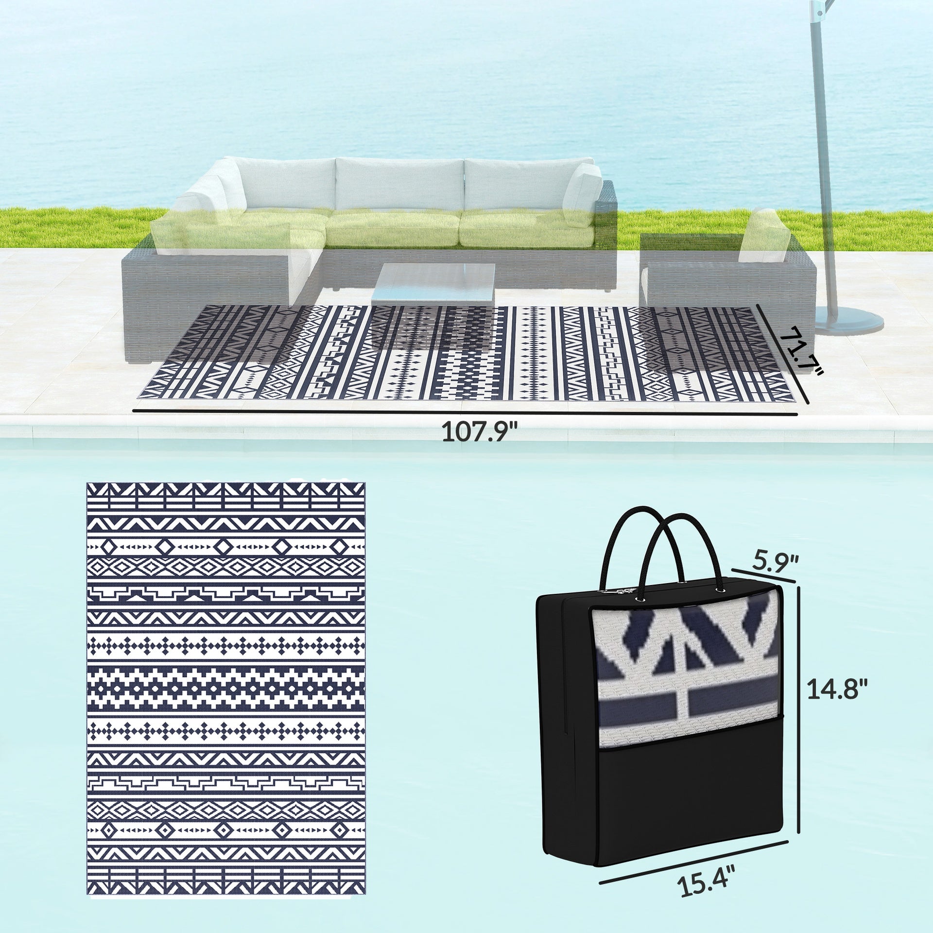 Geometric Style Reversible Outdoor Rug, Waterproof Plastic Straw with Carry Bag