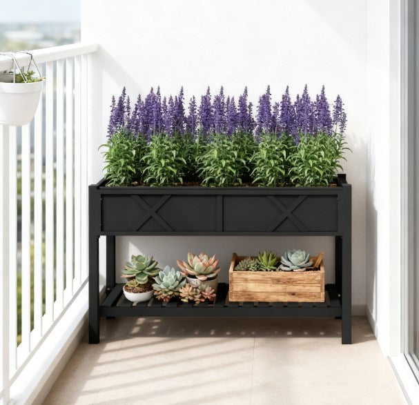 Elevated Wood Planter Box,Raised Garden Bed,with Storage Shelf,Drainage Holes,and Liner