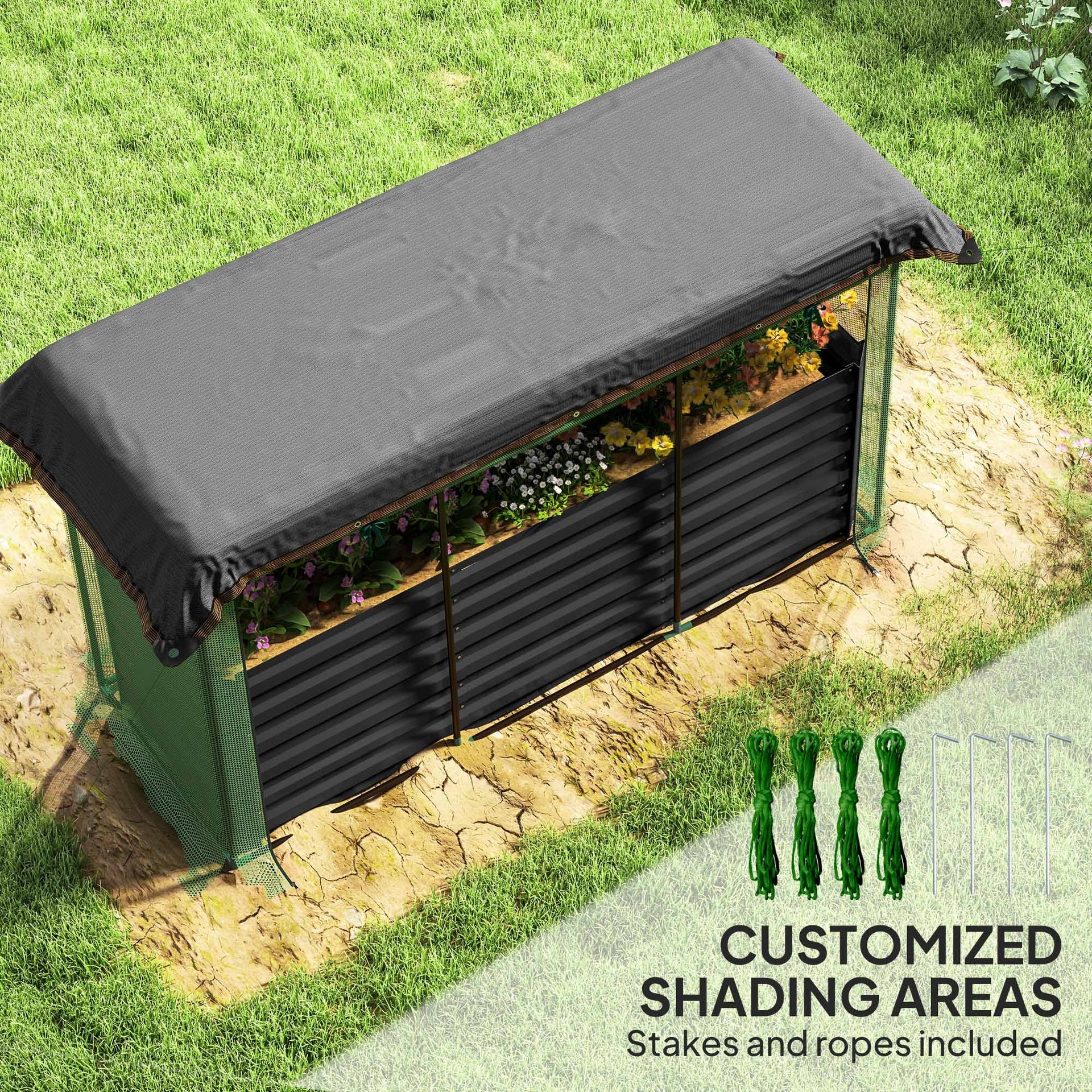 Raised Garden Bed,Galvanized Steel Planter Box with Crop Cage and Shade Cloth,for Flowers, Veggies and Herbs