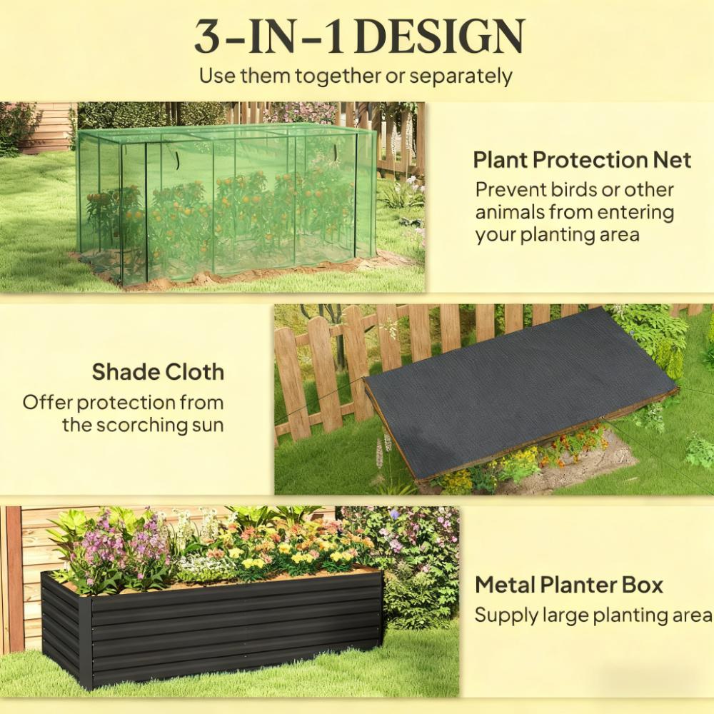 Raised Garden Bed,Galvanized Steel Planter Box with Crop Cage and Shade Cloth