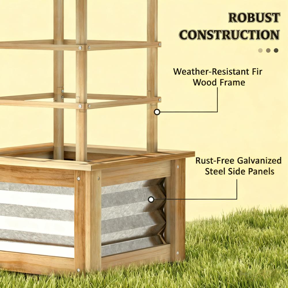 Galvanized Planter Box Elevated Garden Bed,Wooden Raised Garden Bed with Trellis,for Garden,Patio