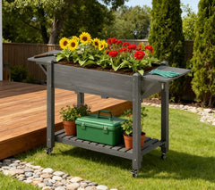 Elevated Garden Bed,Wood Raised Planter Box,with Lockable Wheels,Side Tables,Bottom Shelf,Drain Holes
