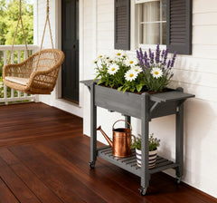 Elevated Garden Bed,Wood Raised Planter Box,with Lockable Wheels,Side Tables,Bottom Shelf,Drain Holes