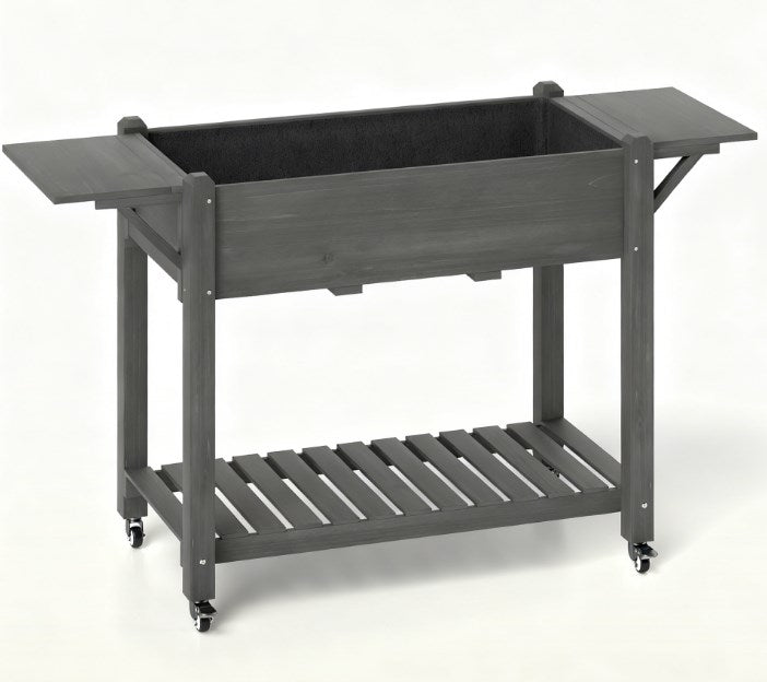 Elevated Garden Bed,Wood Raised Planter Box,with Lockable Wheels,Side Tables,Bottom Shelf,Drain Holes