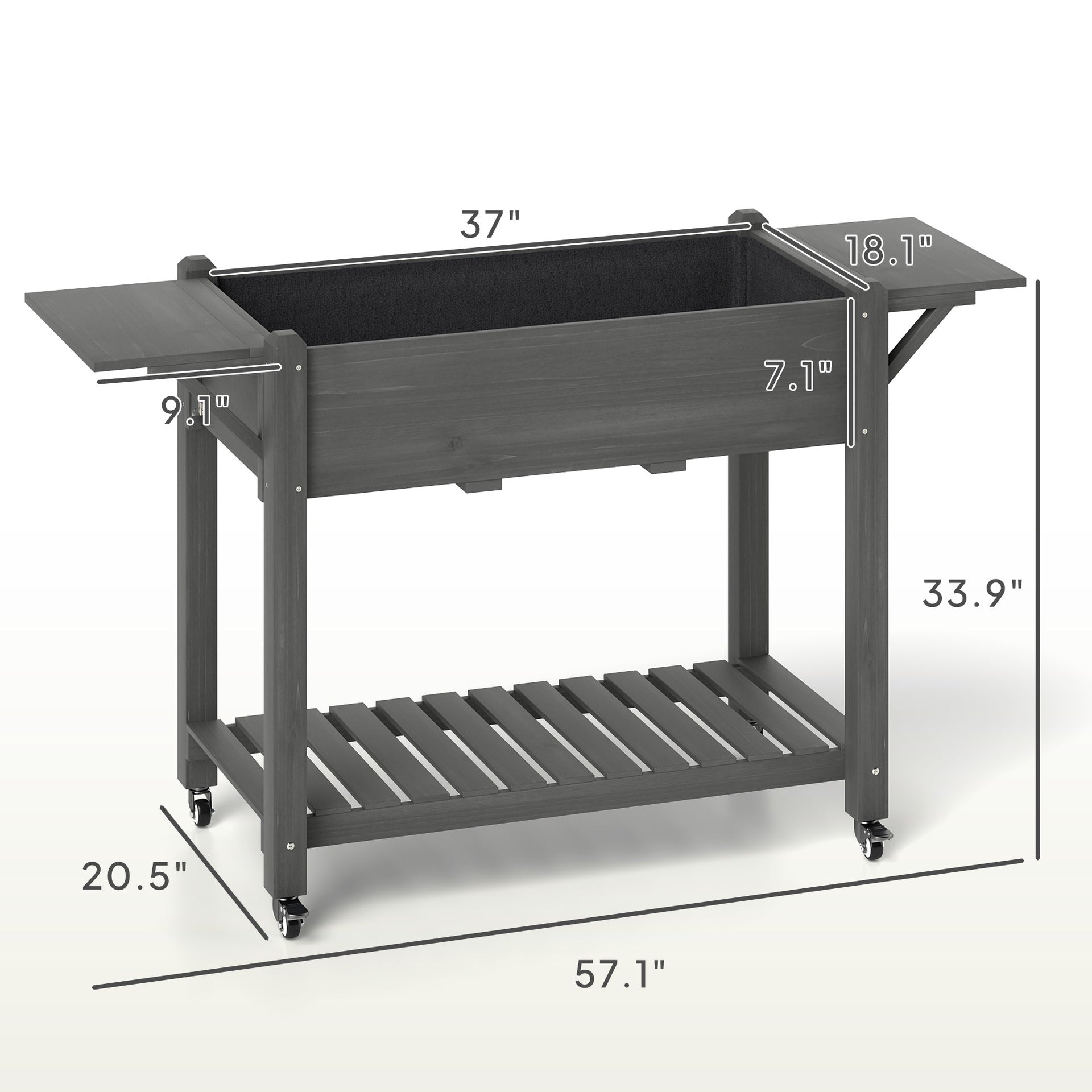 Elevated Garden Bed,Wood Raised Planter Box,with Lockable Wheels,Side Tables,Bottom Shelf,Drain Holes