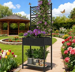 Spacious Freestanding Rattan Garden Box,Outdoor Wicker Planter with Trellis for Climbing Plants,with Storage Shelf