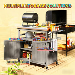 Storage Cabinets with Stainless Steel Top,Outdoor Grill Cart,Solid Wood Outdoor Kitchen Island with Wheels