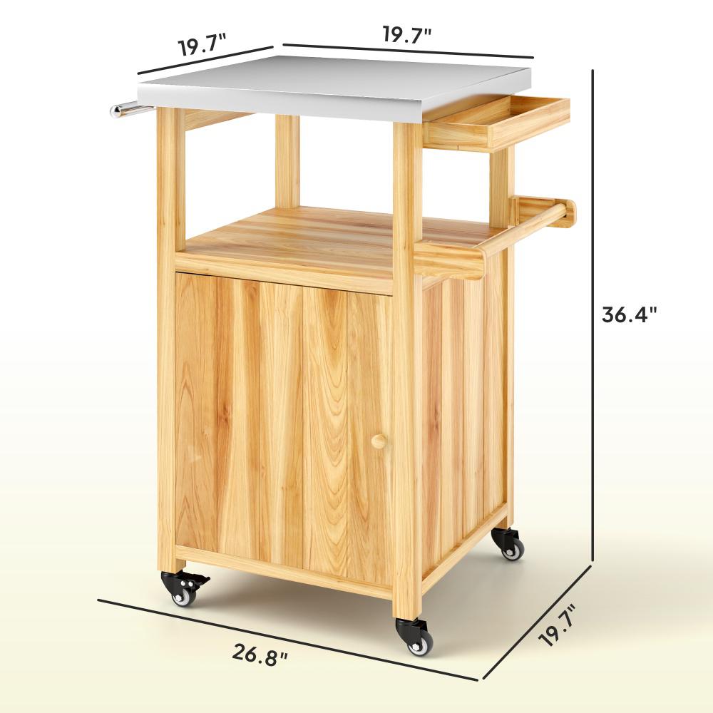 Wood Outdoor Kitchen Island,Outdoor Grill Cart,with Stainless Steel Top,Wheels,Integrated Hole