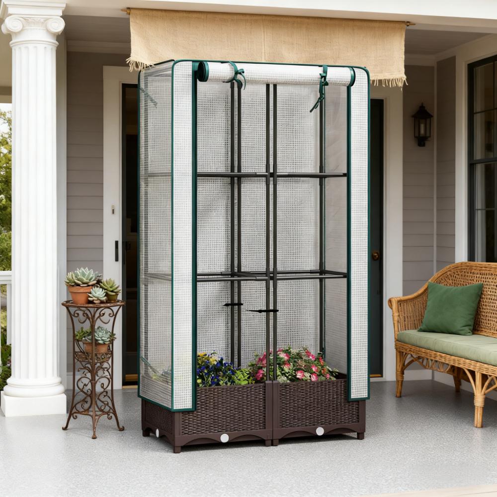 Outdoor Plant Box,Garden Bed with Trellis,with Cover,Drainage Holes and Zipper Door