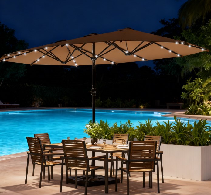 Double-Sided Parasol,Parasol Double-Sided Sun Umbrella with Base,Patio Parasol with LED Solar Lights