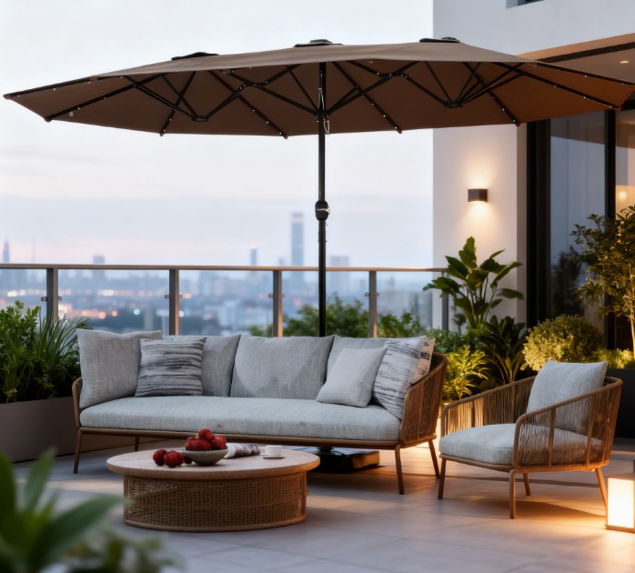 Double-Sided Parasol,Parasol Double-Sided Sun Umbrella with Base,Patio Parasol with LED Solar Lights