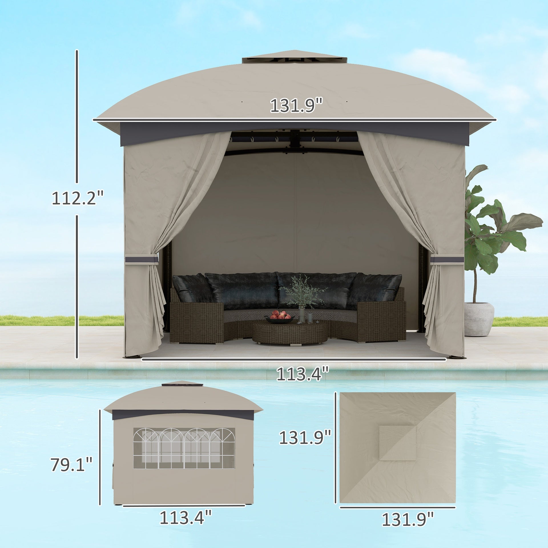 Double Roof Patio Gazebo,Elegant Design Gazebo,with Curtains,Church Windows,for Outdoor