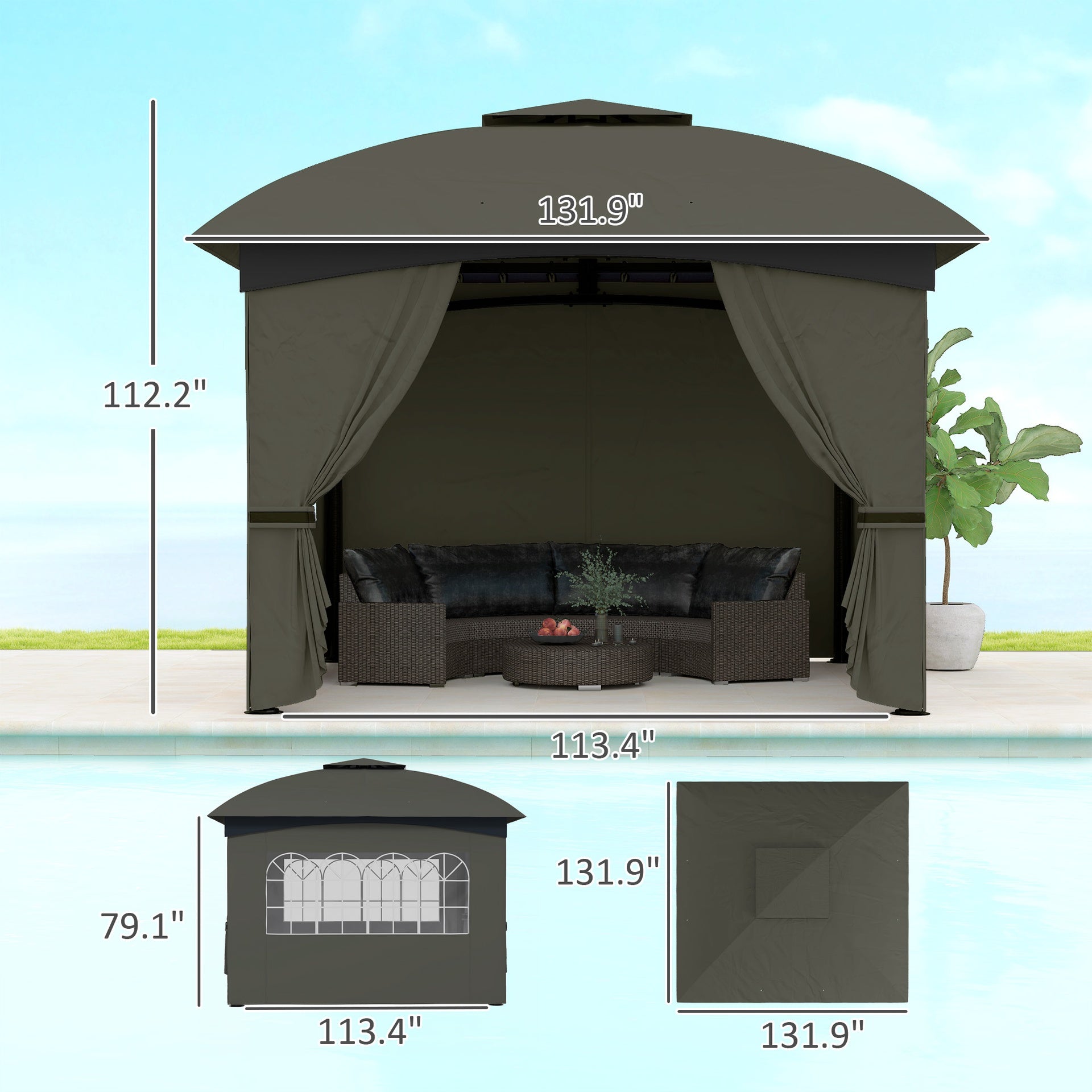 Elegant Double Roof Patio Gazebo,Outdoor Gazebo with Curtains,Church Windows