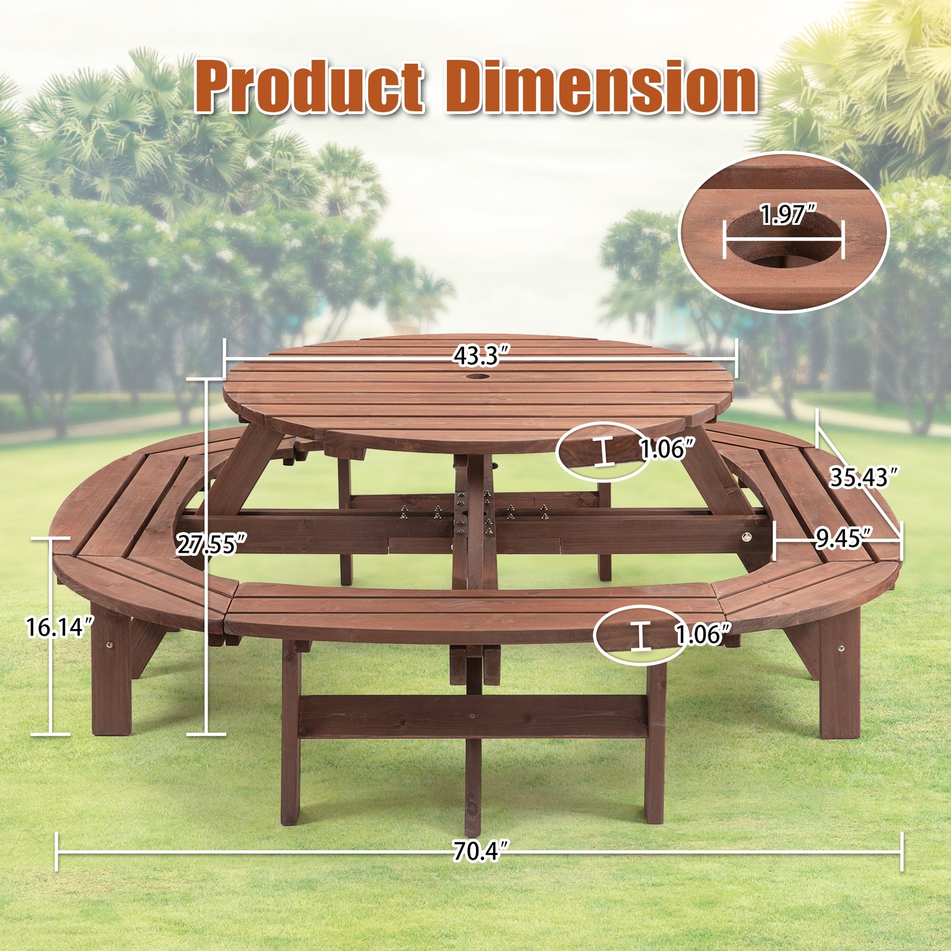 10-12-person Round Outdoor Wooden Picnic Table for Patio, Backyard, Garden, DIY with 1 Built-in Ring Stool, 500-lb Weight Capacity - Walnut Brown