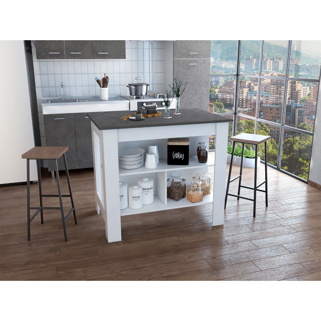 Kitchen Island, kitchen table 35" H, Four Legs, Three Open Storage  Shelves, White / Onix