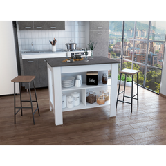Kitchen Island, kitchen table 35" H, Four Legs, Three Open Storage  Shelves, White / Onix