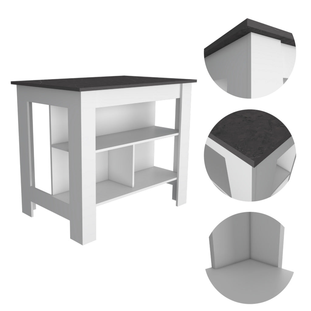 Kitchen Island, kitchen table 35" H, Four Legs, Three Open Storage  Shelves, White / Onix