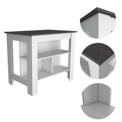 Kitchen Island, kitchen table 35" H, Four Legs, Three Open Storage  Shelves, White / Onix
