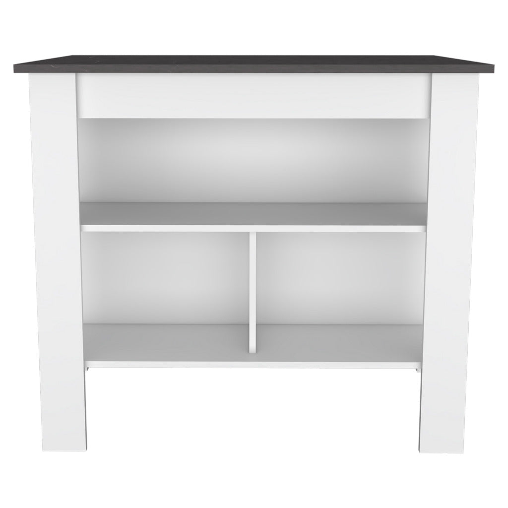 Kitchen Island, kitchen table 35" H, Four Legs, Three Open Storage  Shelves, White / Onix