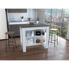 Kitchen Island, kitchen table 35" H, Four Legs, Three Open Storage  Shelves, White / Onix
