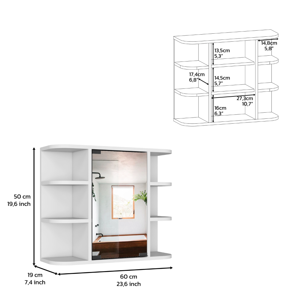 Medicine Cabinet 19" H, Six External Shelves, Three Interior Shelves, White