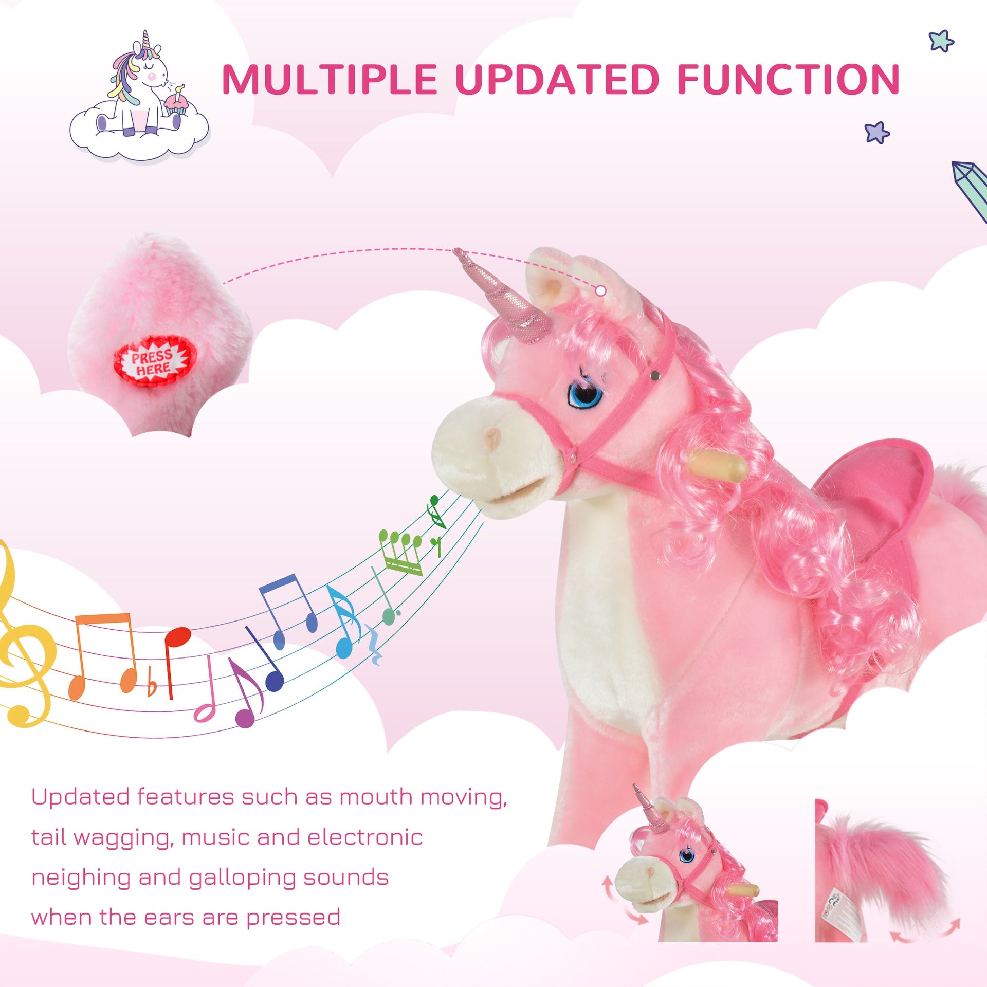 Qaba Rocking Horse, Kids Ride on Horse Unicorn Design with Wooden Base, Tail Wag & Sounds for Toddlers 3-6 Years Old, Pink