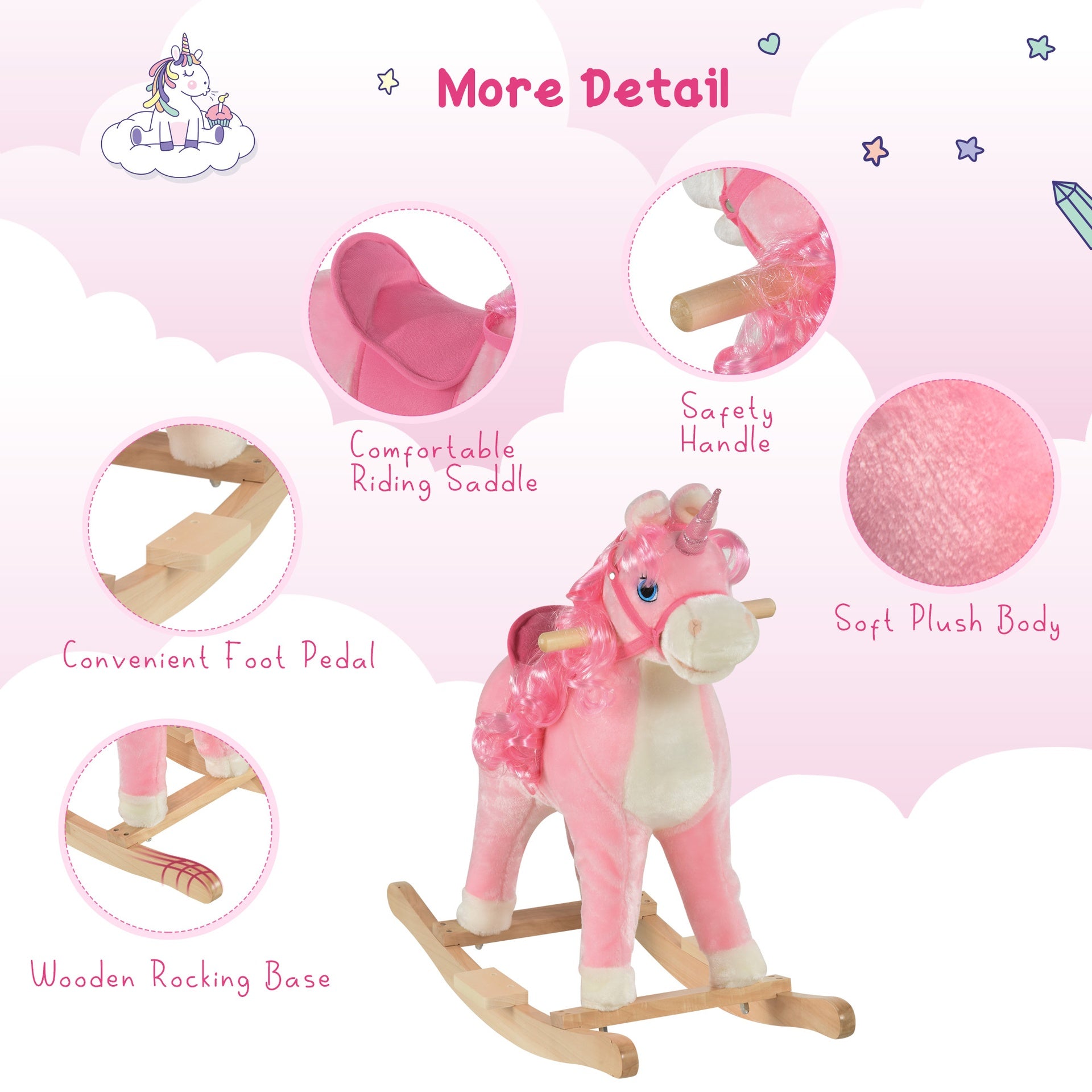 Qaba Rocking Horse, Kids Ride on Horse Unicorn Design with Wooden Base, Tail Wag & Sounds for Toddlers 3-6 Years Old, Pink