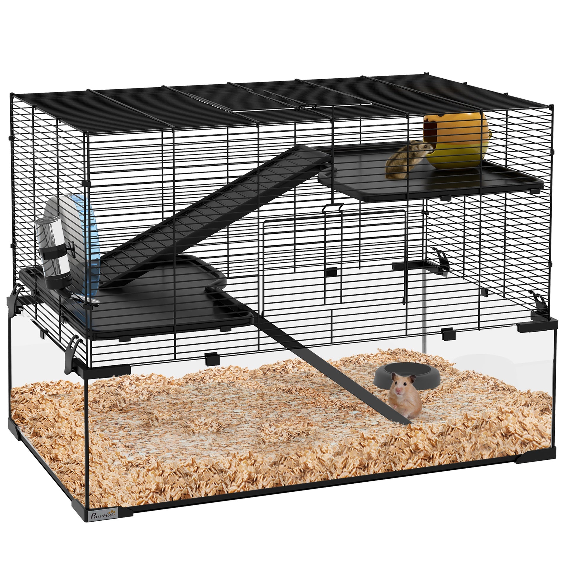 PawHut Hamster Cage, 31" Gerbil Cage with Glass Basin, Ramps, Platforms, Hut, Exercise Wheel, for Small Hamsters, Black