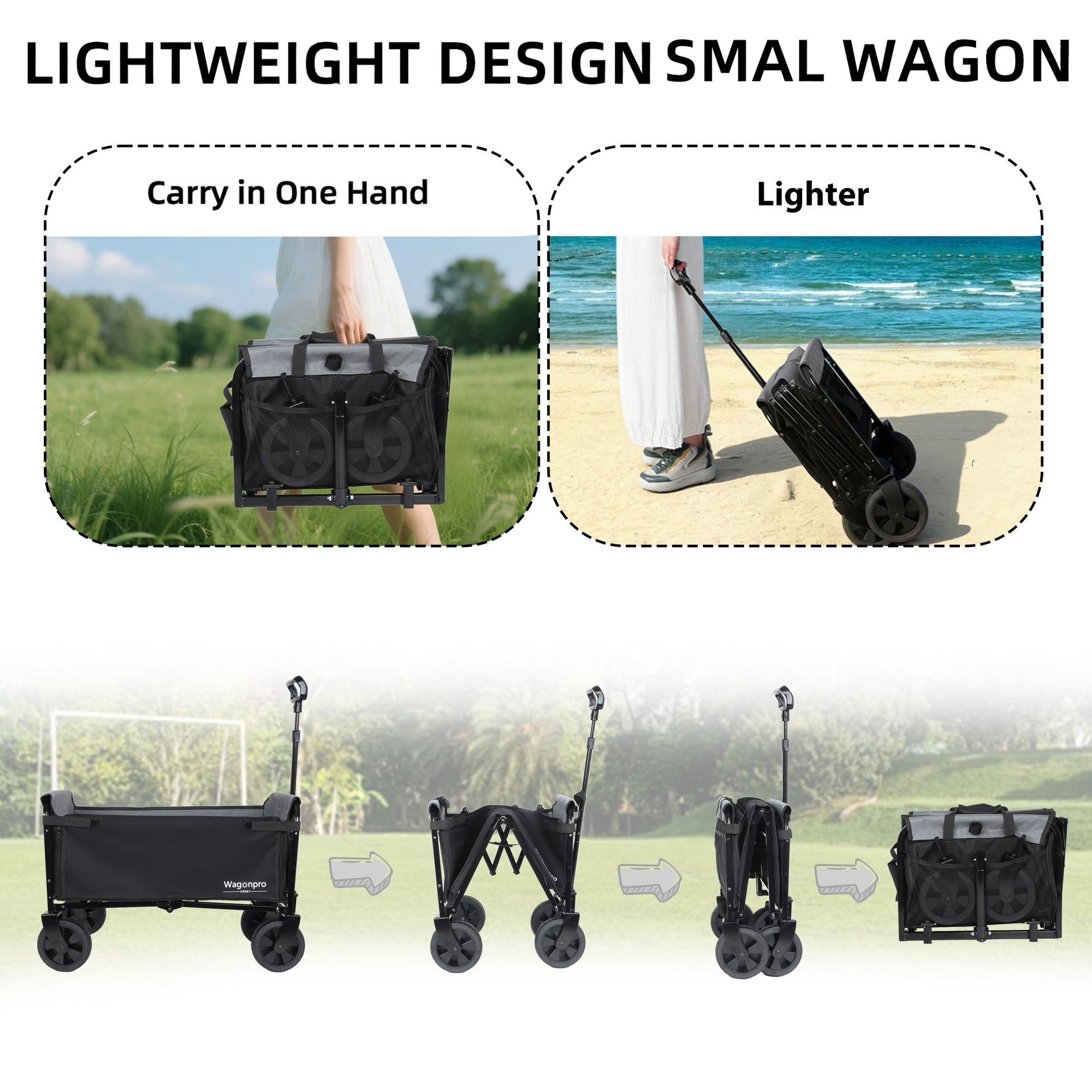 All-in-One Convertible Folding 4-Wheel Trolley with Bench Seat and Dog Leash - Heavy Duty Foldable Utility Trolley for Camping, Beach, Shopping - Versatile Seating and Storage Space, Black/Gray