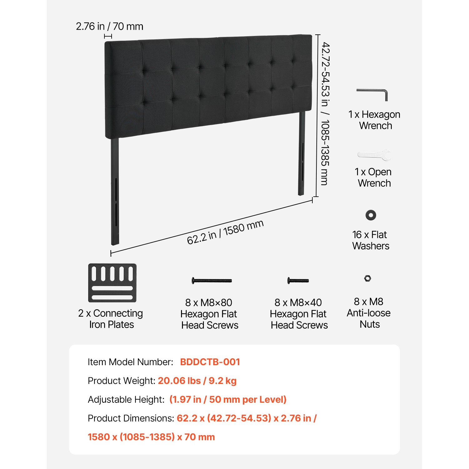 Headboard, Queen Size Headboard with Adjustable Height, Comfortable Diamond Tufted for Queen Size Bed, W62.2 x H(42.72-54.53) x D2.76 in, Ideal for Bedroom, Hotel, Homestay, Dormitory, Black