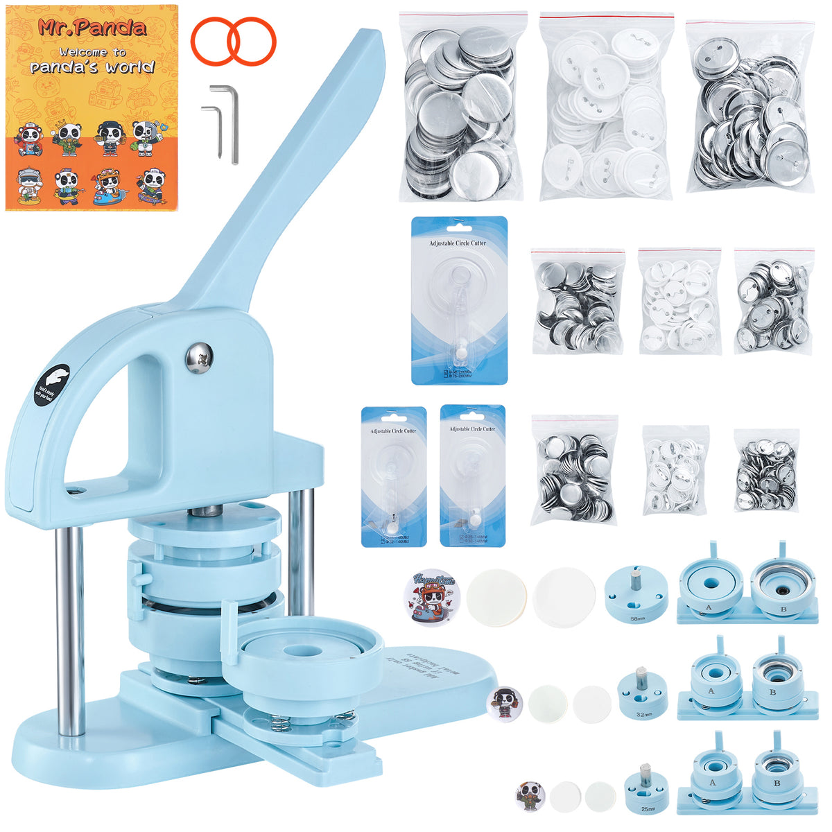 3-IN-1 Button Maker, 1/1.25/2.28 inch(25/32/58mm) Pin Maker, 300pcs Button Parts, Button Maker Machine with Panda Magic Book, Ergonomic Arc Handle Punch Press Kit, For Children DIY Gifts, Blue