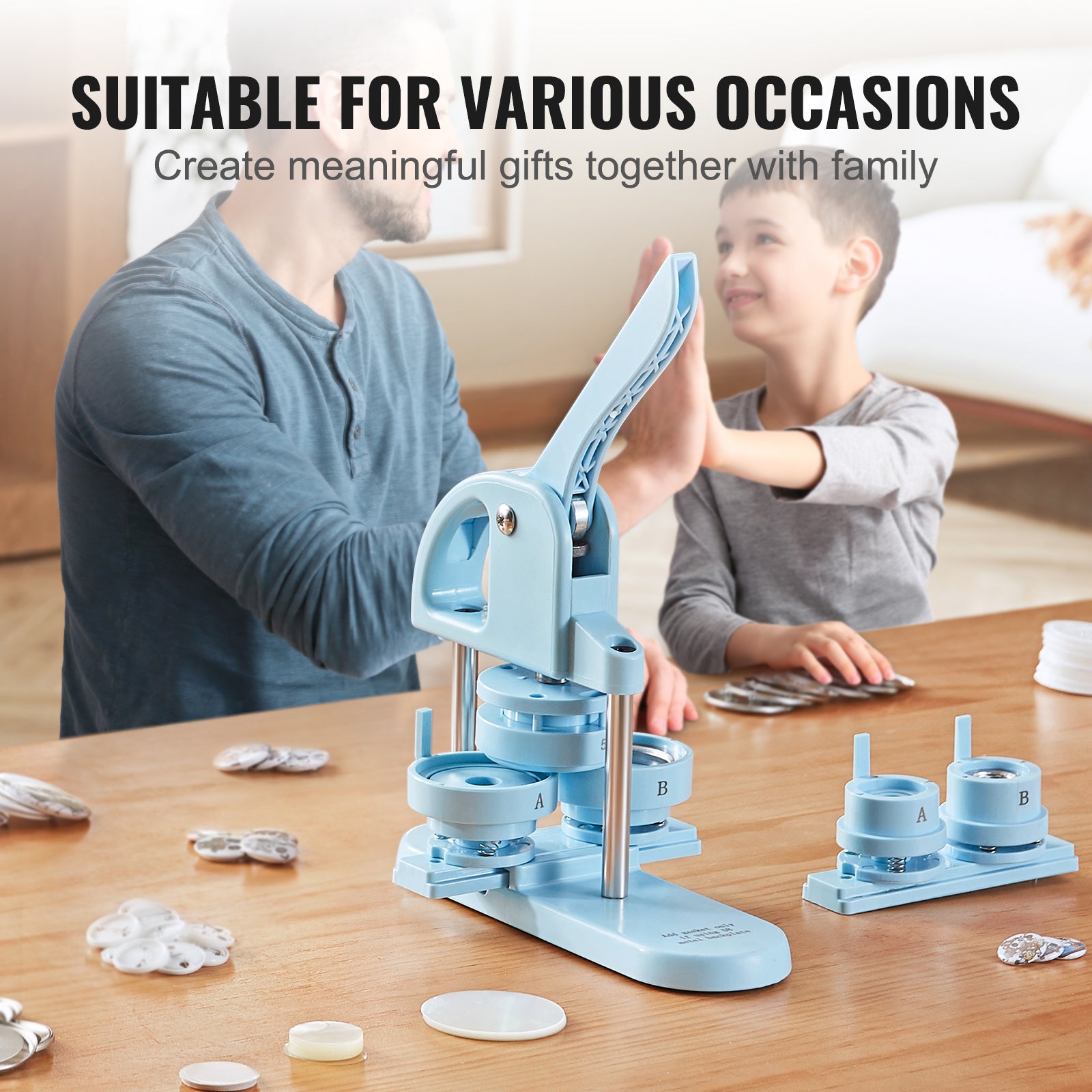 3-IN-1 Button Maker, 1/1.25/2.28 inch(25/32/58mm) Pin Maker, 300pcs Button Parts, Button Maker Machine with Panda Magic Book, Ergonomic Arc Handle Punch Press Kit, For Children DIY Gifts, Blue