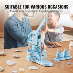 3-IN-1 Button Maker, 1/1.25/2.28 inch(25/32/58mm) Pin Maker, 300pcs Button Parts, Button Maker Machine with Panda Magic Book, Ergonomic Arc Handle Punch Press Kit, For Children DIY Gifts, Blue