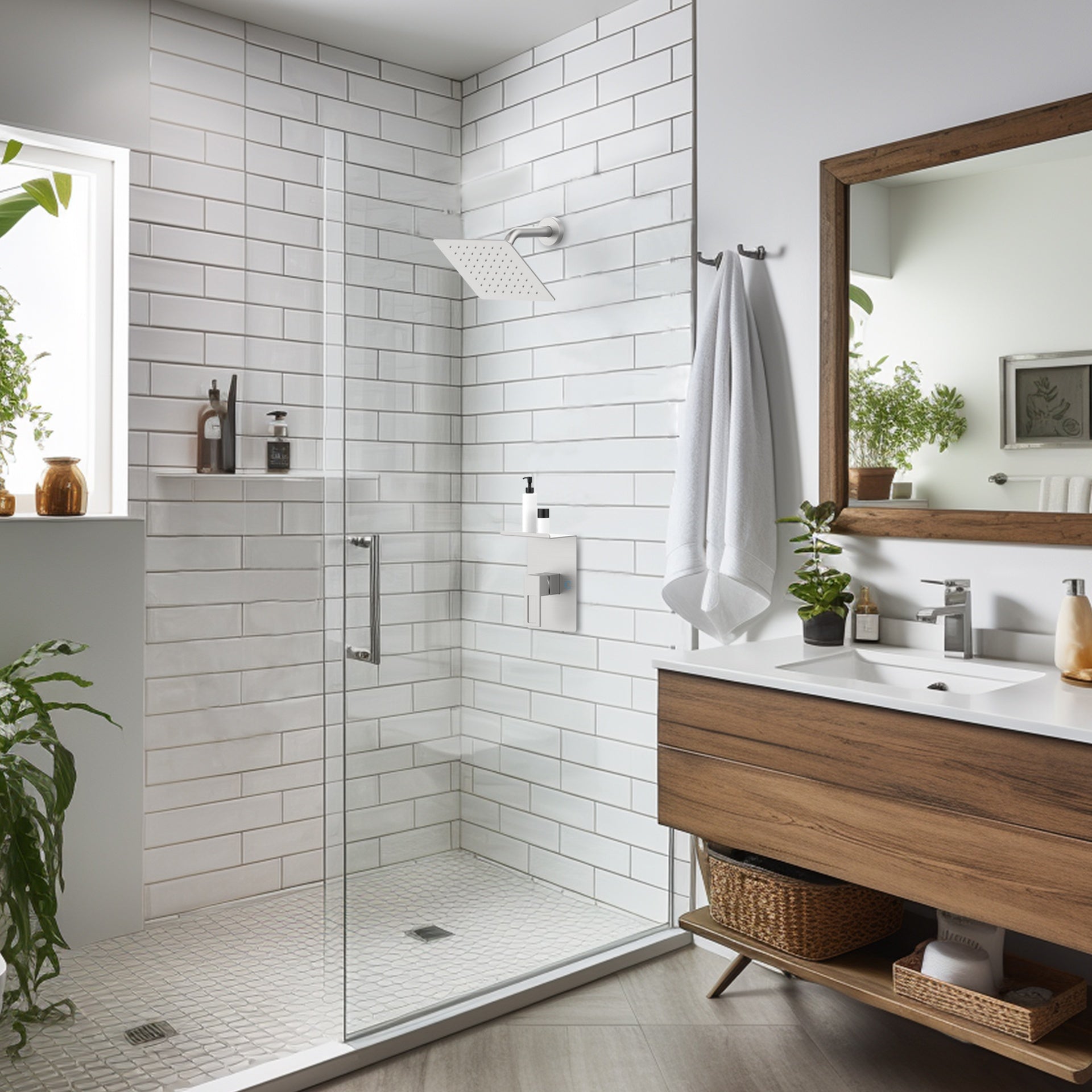 Shower Faucet With Storage Rack 8-inch Rain Shower Head Shower decoration kit with single spray shower head Shower Faucet Set Complete Brushed Nickel