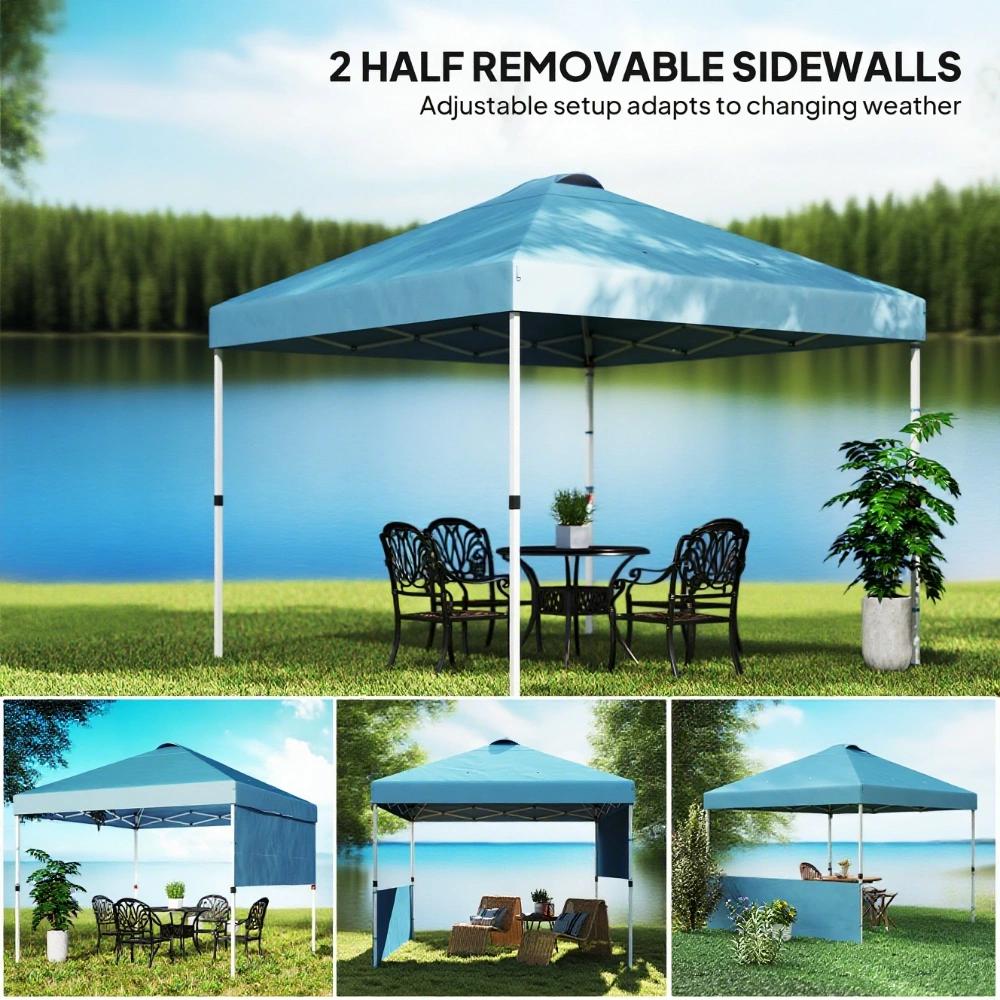 10x 10 ft party tent Pop Up Canopy Tent with 2 Half Sidewalls with Wheeled Carry Bag, Blue