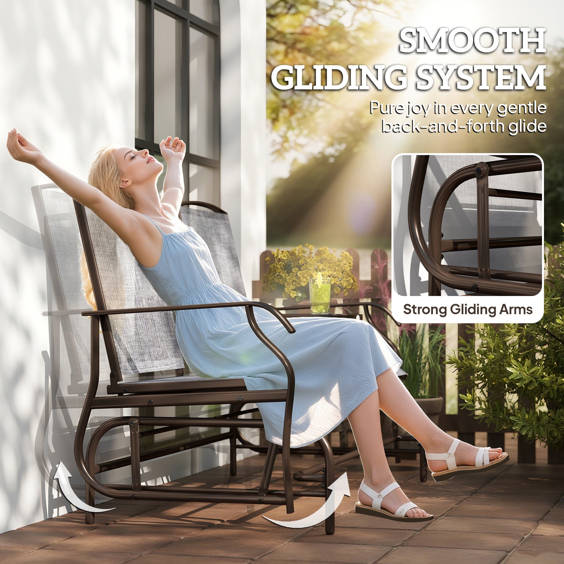 Outdoor Glider Swing, Center Coffee Table and Independent Chairs