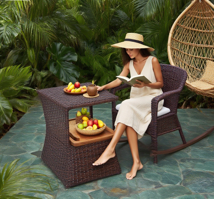 Outdoor Side Table with Umbrella Hole, Rattan Wicker End Table