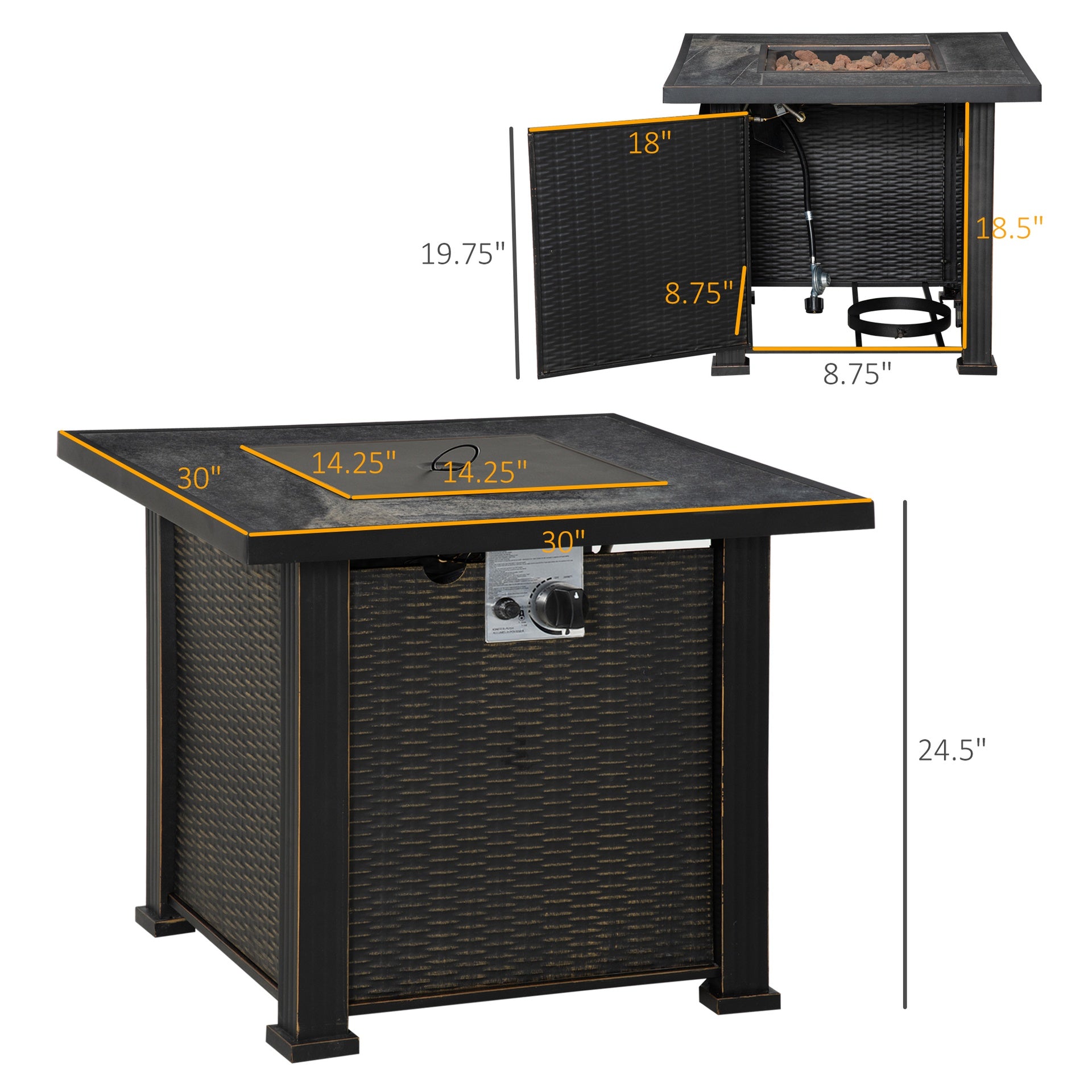 Outdoor Propane Gas Fire Pit Table,  Auto-Ignition Square Wicker-effect Gas Firepit with Ceramic Tabletop