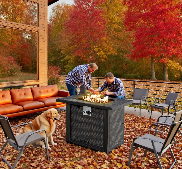 Outdoor Propane Gas Fire Pit Table,  Auto-Ignition Square Wicker-effect Gas Firepit with Ceramic Tabletop