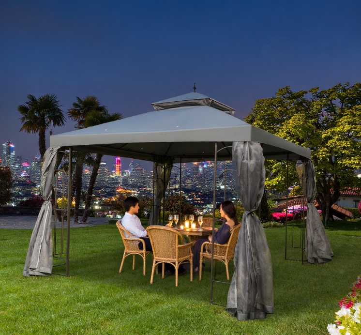 Patio Gazebo with Corner Frame Shelves, Double Roof Outdoor Gazebo Canopy Shelter