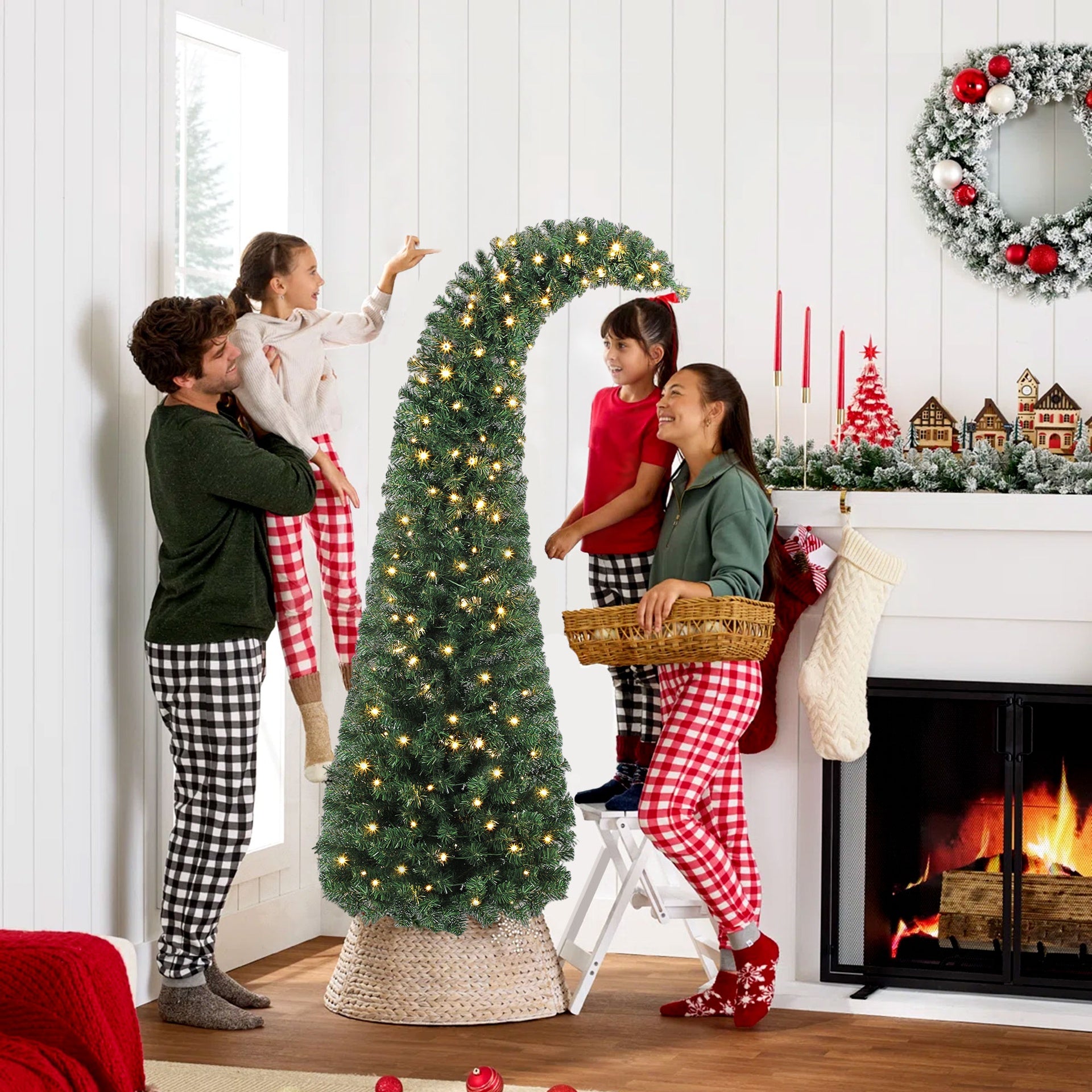 6 ft Prelit Bent Top Christmas Tree, Whimsical Xmas Tree Slim High Mountain Fir with 200 LEDs and Metal Stand
