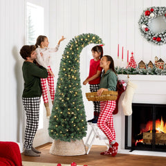 6 ft Prelit Bent Top Christmas Tree, Whimsical Xmas Tree Slim High Mountain Fir with 200 LEDs and Metal Stand