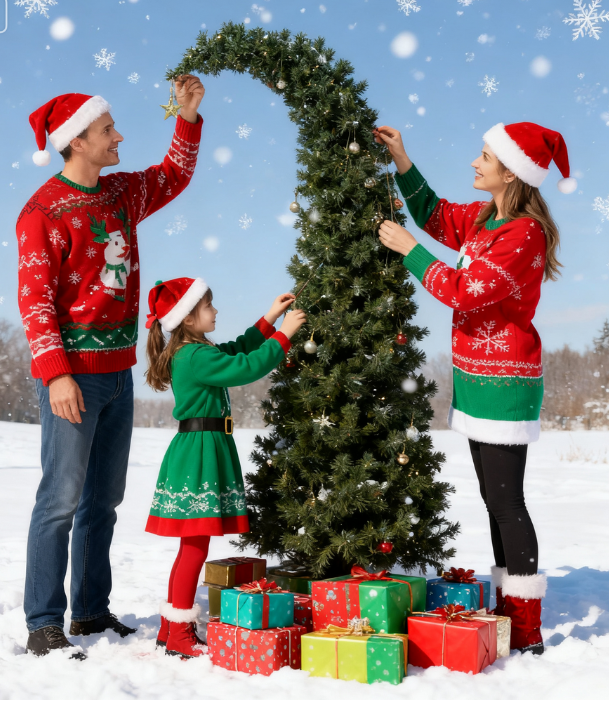 6 ft Prelit Bent Top Christmas Tree, Whimsical Xmas Tree Slim High Mountain Fir with 200 LEDs and Metal Stand