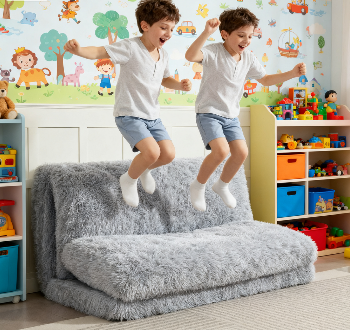 Bean Bag Floor Sofa Bed, Contemporary Plush Wide Folding Floor Mattress, Foam Filling Wall Couch Sleeper, Light Gray