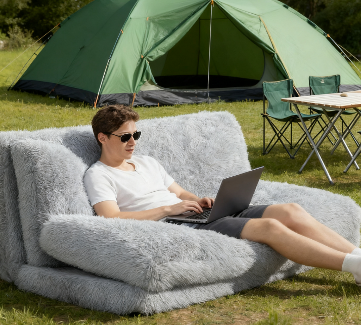 Bean Bag Floor Sofa Bed, Contemporary Plush Wide Folding Floor Mattress, Foam Filling Wall Couch Sleeper, Light Gray