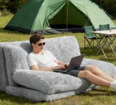 Bean Bag Floor Sofa Bed, Contemporary Plush Wide Folding Floor Mattress, Foam Filling Wall Couch Sleeper, Light Gray