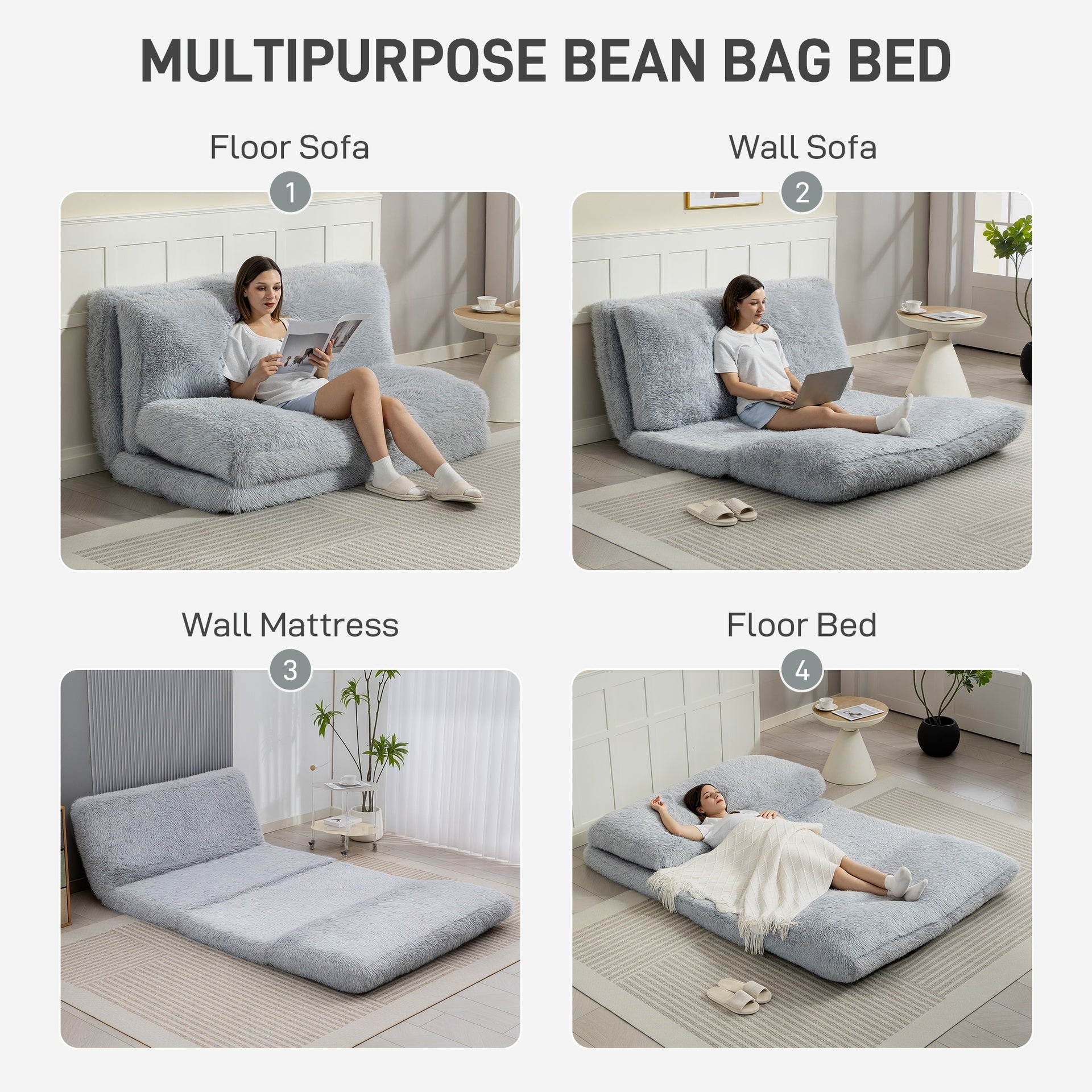 Bean Bag Floor Sofa Bed, Contemporary Plush Wide Folding Floor Mattress, Foam Filling Wall Couch Sleeper, Light Gray