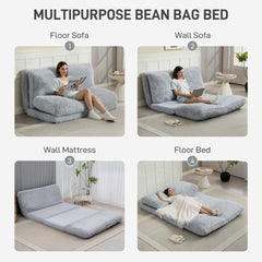 Bean Bag Floor Sofa Bed, Contemporary Plush Wide Folding Floor Mattress, Foam Filling Wall Couch Sleeper, Light Gray